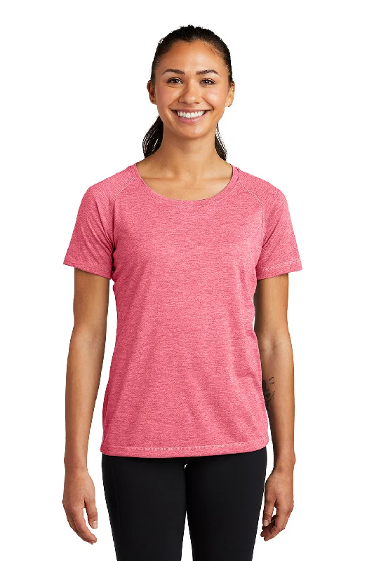 blue oversized t-shirts loose -Sport-Tek Womens Moisture Wicking Short Sleeve Scoop Neck T-Shirt - Heather Raspberry Pink