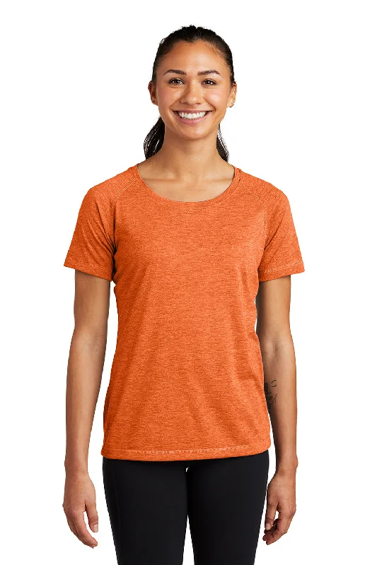 white crew neck t-shirts basic -Sport-Tek Womens Moisture Wicking Short Sleeve Scoop Neck T-Shirt - Heather Deep Orange