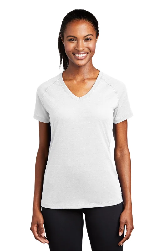 funny slogan t-shirts witty -Sport-Tek Womens Ultimate Performance Moisture Wicking Short Sleeve V-Neck T-Shirt - White