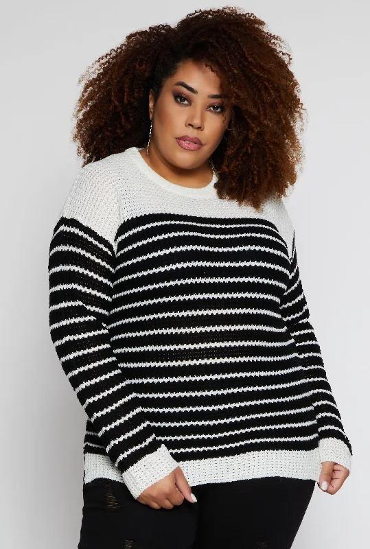 pullover sweater with side slits -pullover sweater for modern style -Plus Size Crew Neck Striped Sweater