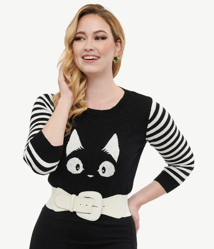 pullover sweater with floral print -forest knit pullover sweater -Black & White Stripe Knit Kitty Sweater