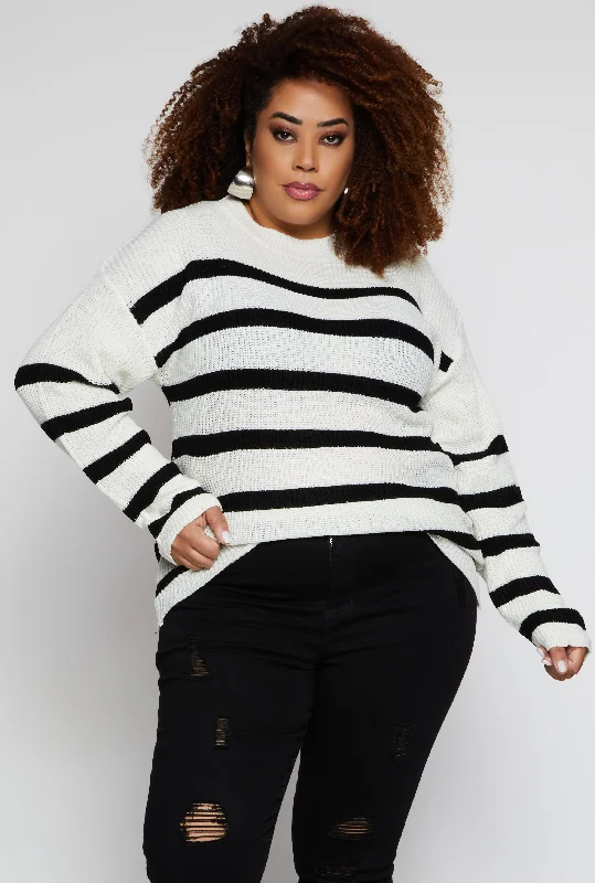 forest knit pullover sweater -pullover sweater with side panels -Plus Size Striped Knit Pullover Sweater