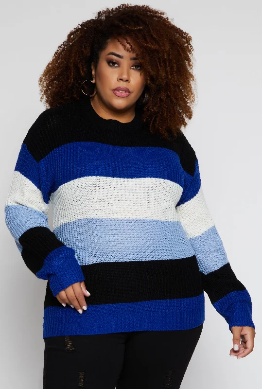 pullover sweater with ribbed back -pullover sweater for fall outfits -Plus Size Color Block Stripe Sweater