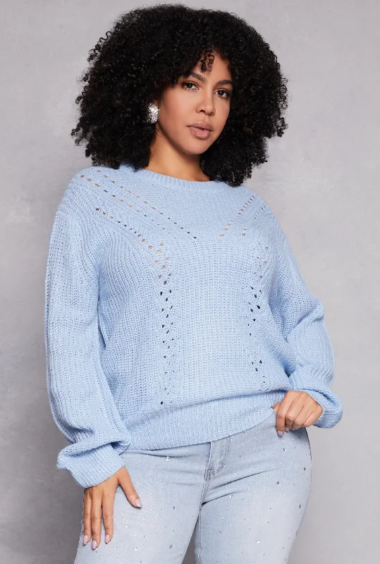 periwinkle wool pullover sweater -pullover sweater with long sleeves -Plus Size Pointelle Knit Crew Neck Sweater