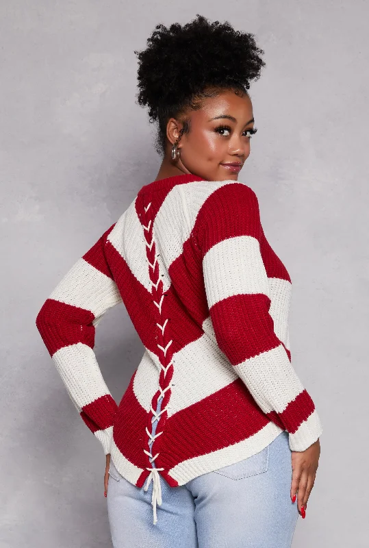 pullover sweater with knit trim -pullover sweater for chic comfort -Plus Size Chevron Knit Lace Up V Neck Sweater