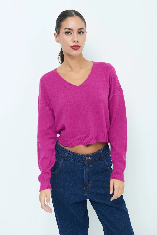 pullover sweater for fall outfits -magenta knit pullover sweater -Cropped v-neck sweater wholesale