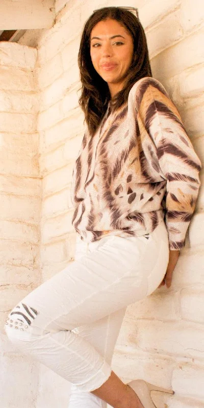 pullover sweater with side cuffs -pullover sweater for cozy outfits -Daria Batwing Sweater with Arctic Tiger Print