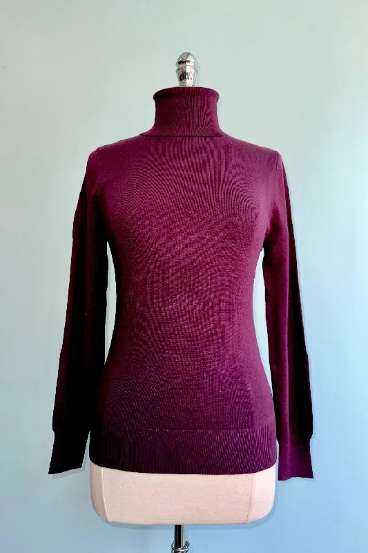 sage wool pullover sweater -pullover sweater with side ties -Dark Purple Long Sleeve Turtleneck Sweater