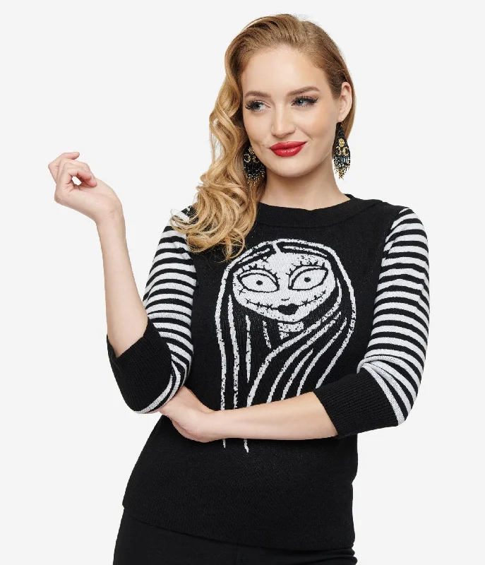 pullover sweater for layering tops -pullover sweater with ribbed cuffs -Tim Burton's The Nightmare Before Christmas by Unique Vintage Black & White Stripe Sally Minou Sweater