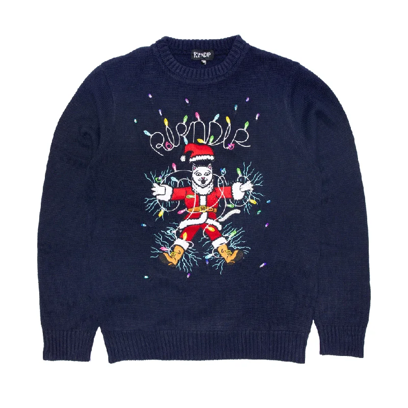 ruby wool pullover sweater -pastel blue pullover sweater -Electrifying Santa Light Up Sweater (Navy)