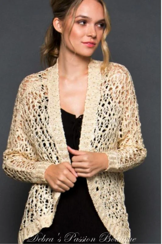 pullover sweater for casual fashion -pullover sweater with ribbed hem -Gee Gee Crochet Sequins Sweater - Cream