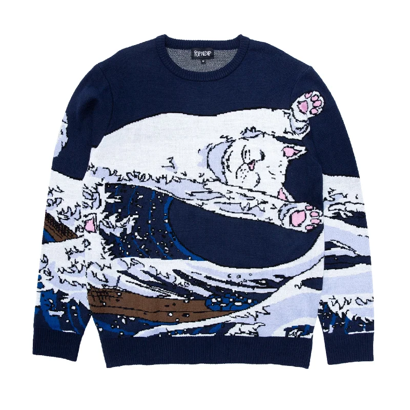 olive pullover sweater -ruby wool pullover sweater -Great Wave Sweater (Navy)