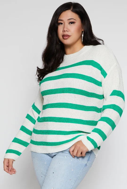 pullover sweater for casual vibes -peach knit pullover sweater -Plus Size Striped Knit Pullover Sweater