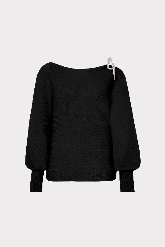 ruby wool pullover sweater -pullover sweater with ribbed hem -Ida Crystal Bow Cold Shoulder Sweater