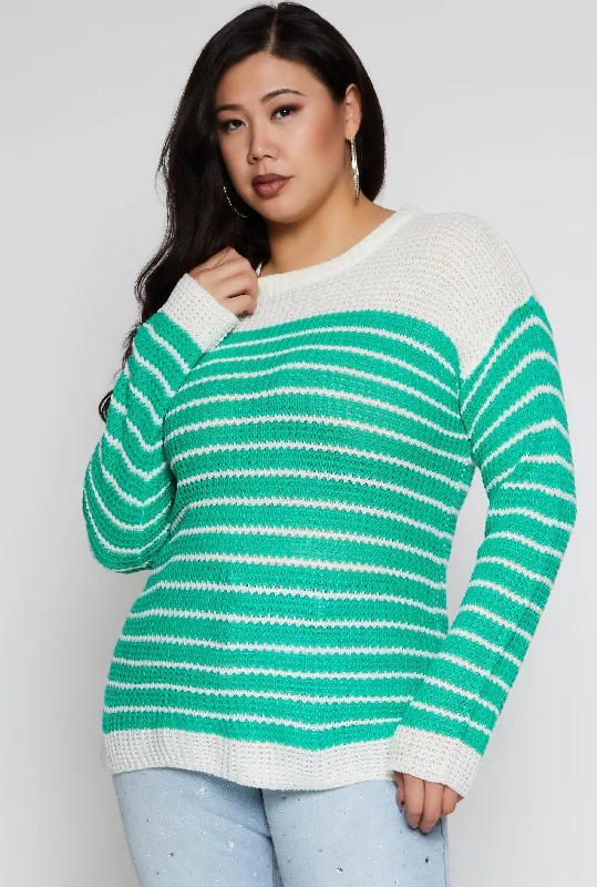 pullover sweater for cozy layering -forest knit pullover sweater -Plus Size Crew Neck Striped Sweater