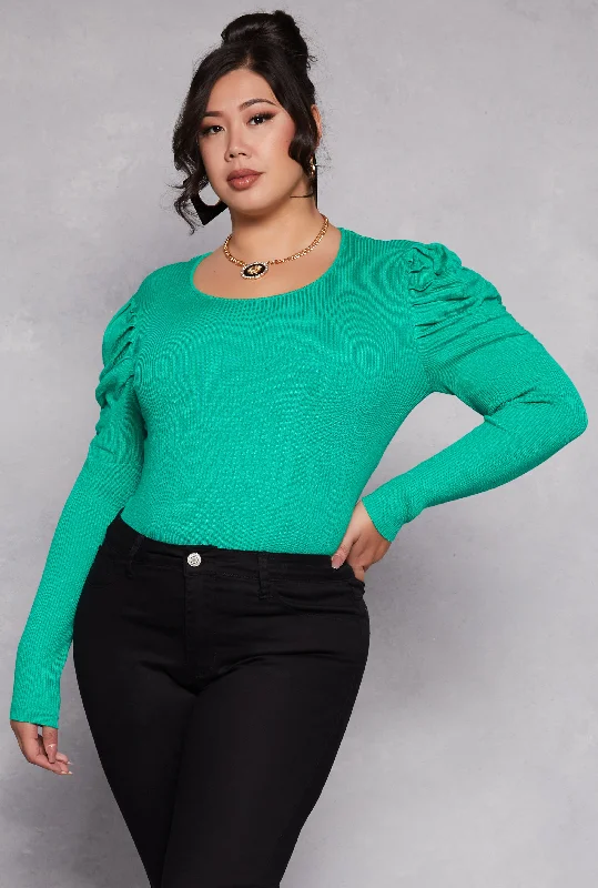 pullover sweater for trendy style -ruby wool pullover sweater -Plus Size Ruched Puff Sleeve Sweater