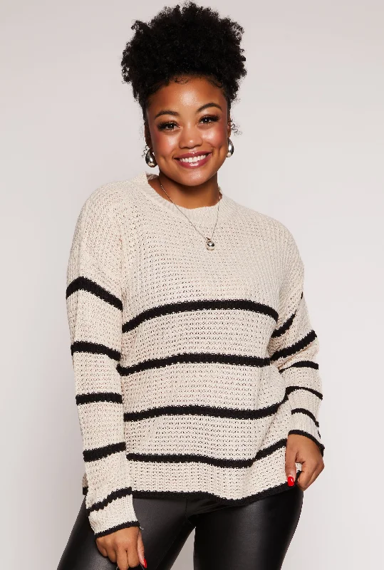 pullover sweater for cozy looks -taupe wool pullover sweater -Plus Size Striped Crew Neck Sweater