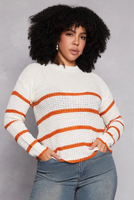 pullover sweater for stylish comfort -emerald wool pullover sweater -Plus Size Striped Crew Neck Sweater