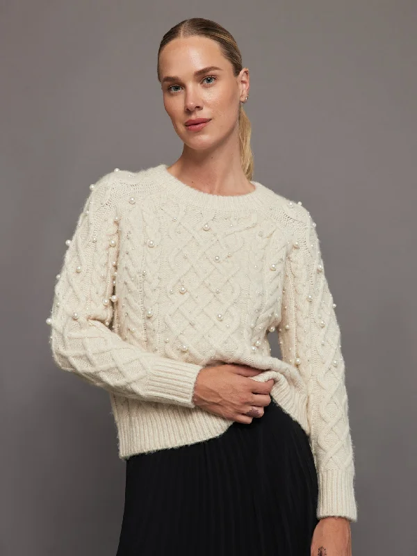 pullover sweater for chic layering -periwinkle wool pullover sweater -Pearl Embellished Sweater - Winter White