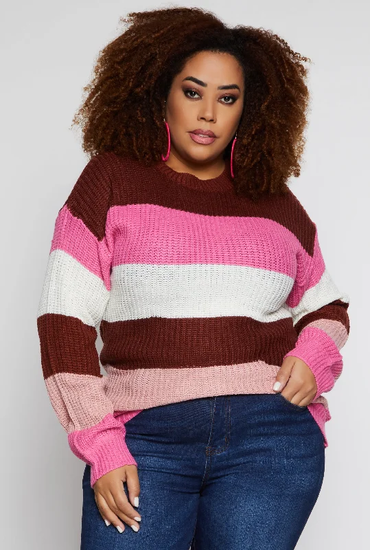 pullover sweater with faux pockets -pullover sweater for cozy layering -Plus Size Color Block Stripe Sweater