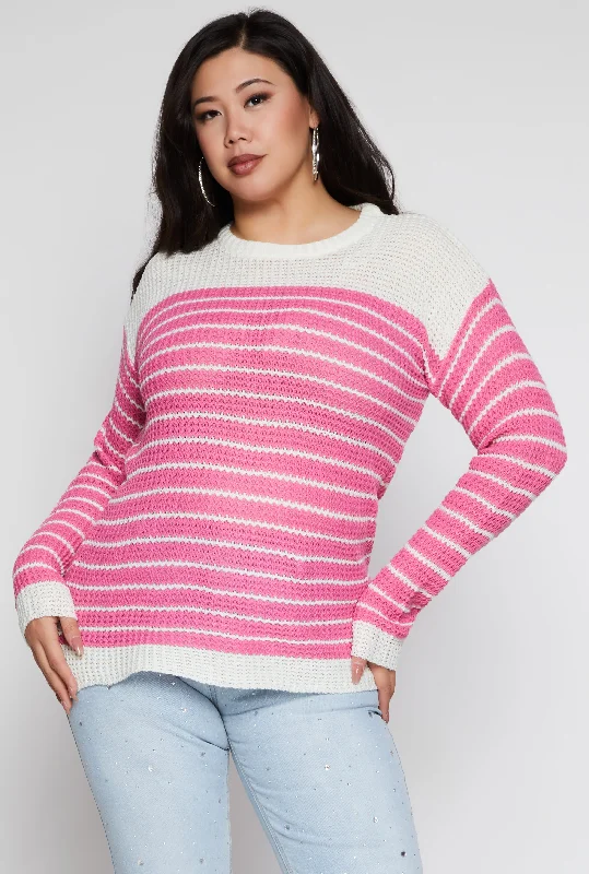 wine red pullover sweater -pullover sweater with short hem -Plus Size Crew Neck Striped Sweater