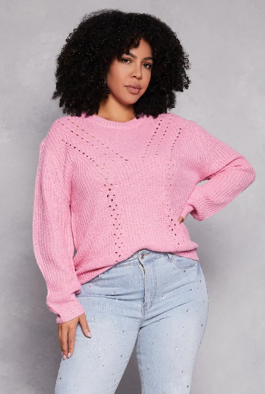 pullover sweater with long sleeves -pullover sweater for casual looks -Plus Size Pointelle Knit Crew Neck Sweater