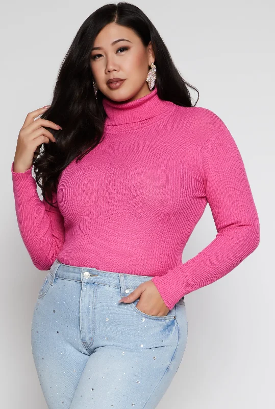 golden knit pullover sweater -pullover sweater with faux pockets -Plus Size Ribbed Knit Turtleneck Sweater