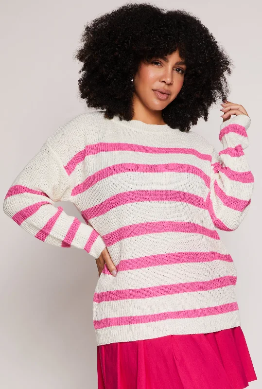 lilac wool pullover sweater -pullover sweater with loose hem -Plus Size Striped Knit Pullover Sweater