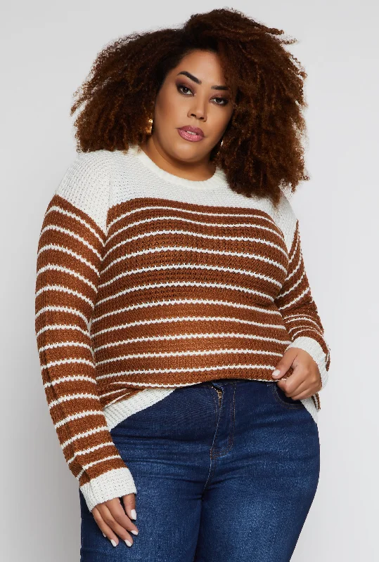 pullover sweater for modern style -charcoal knit pullover sweater -Plus Size Crew Neck Striped Sweater