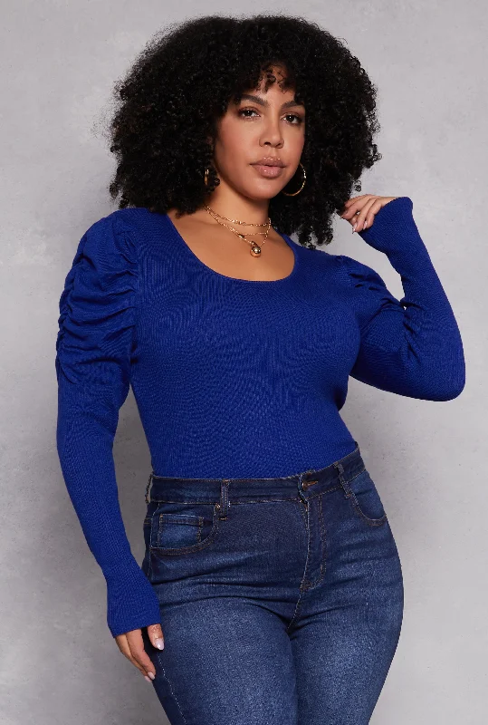 pullover sweater for casual comfort -orchid wool pullover sweater -Plus Size Ruched Puff Sleeve Sweater