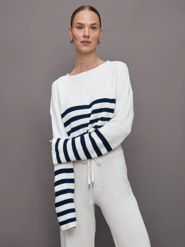 pullover sweater with lace cuffs -pullover sweater for relaxed comfort -Sharlie Sweater - White / Navy Stripe