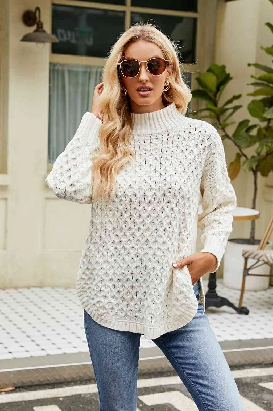 pullover sweater with deep hem -pullover sweater with deep cuffs -Slit Long Sleeve Mock Neck Sweater