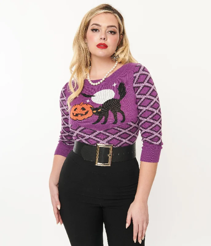 golden wool pullover sweater -soft beige pullover sweater -Smak Parlour Purple Plaid & Black Cat Sweater