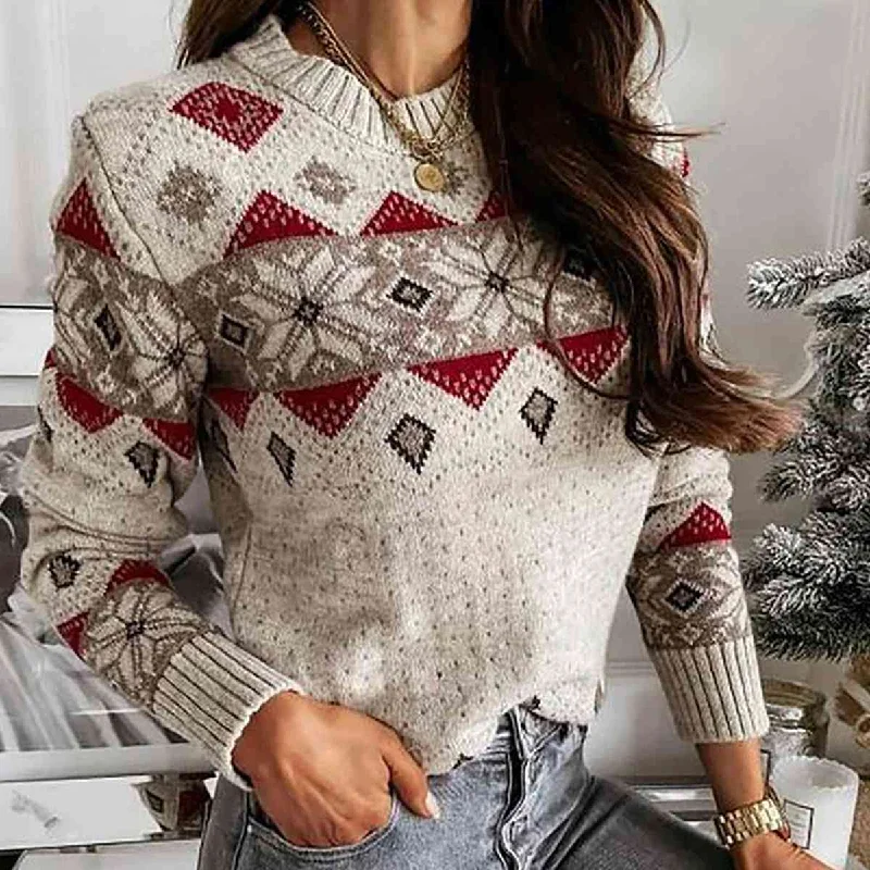 pullover sweater for cozy nights -pullover sweater for stylish vibes -Snowflake Round Neck Sweater