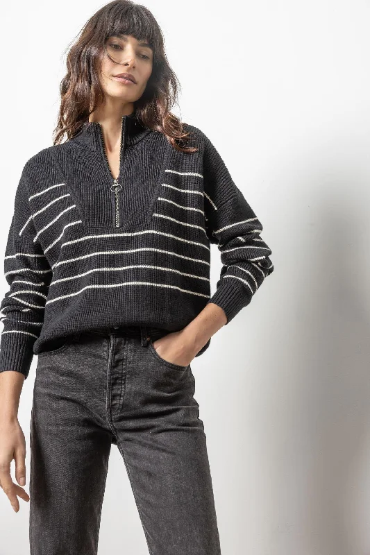 pullover sweater with long back -pullover sweater for cozy looks -Striped Zip Front Sweater