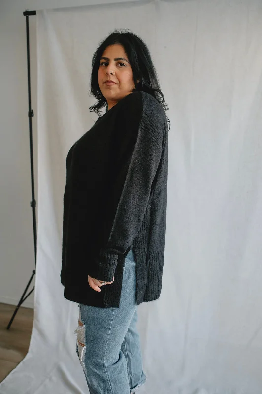 pullover sweater with pleated back -teal wool pullover sweater -The Kamara Long Sweater - Black