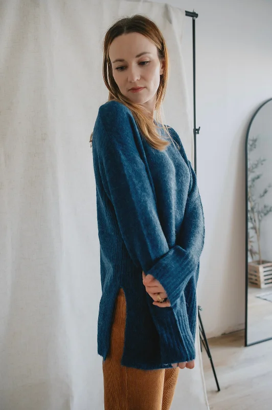 sage pullover sweater -pullover sweater for chic style -The Kamara Long Sweater - Marine Blue