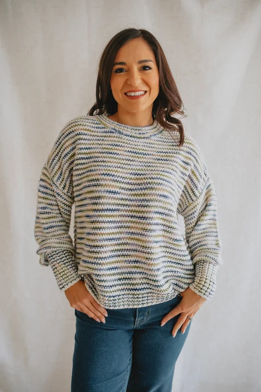 pullover sweater with split hem -tan knit pullover sweater -The Lea Stripey Pullover Sweater