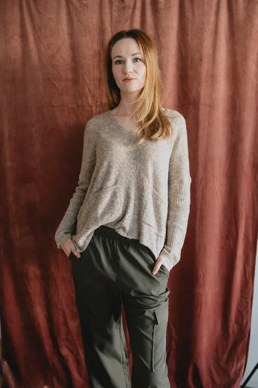 pullover sweater for office wear -sage wool pullover sweater -The Robin Pocket Sweater - Taupe