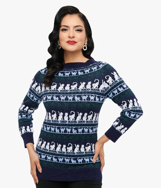 pullover sweater for petite sizes -pullover sweater with deep front -Unique Vintage 1940s Navy & White Cat Pattern Lorelai Sweater