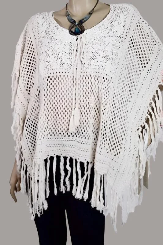 pullover sweater with ribbed sleeves -pullover sweater with side vents -Crochet Bib Shaggy Fringe Poncho - Cream