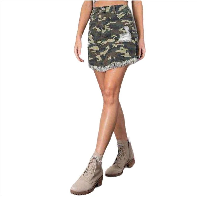 red pencil skirts for office -Distressed Frayed Skirt In Camo Print