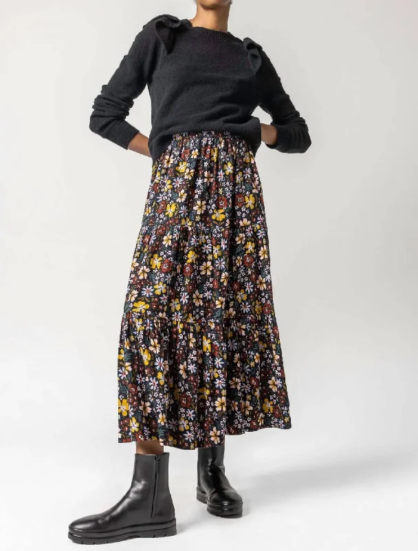 green tiered skirts chic -Floral Tiered Skirt In Black Floral