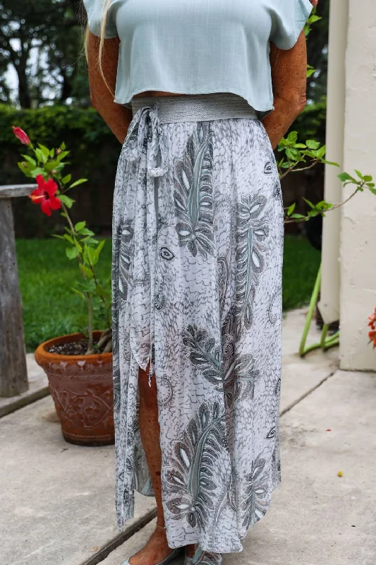 grey tiered skirts smart -Palm Leaf Print Long Skirt In Light Grey