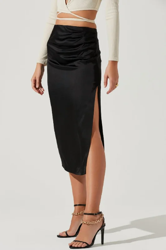 black A-line skirts sleek -Perry Ruched Side Slit Midi Skirt In Black