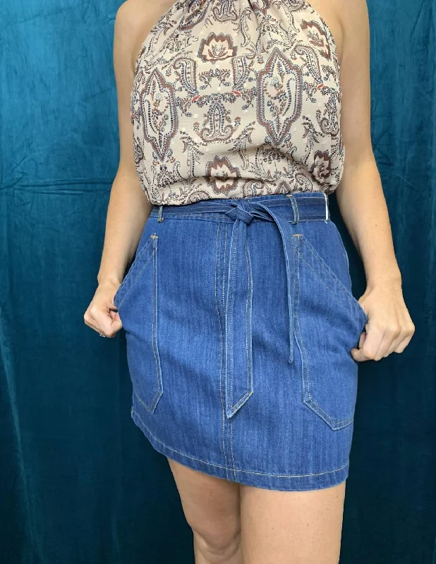 white mini skirts stylish -Retro Belted Skirt In Denim