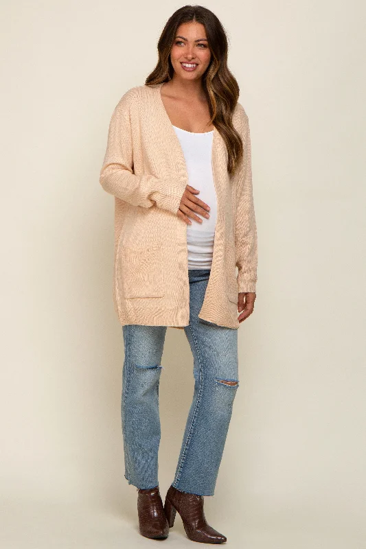 cardigan with loose fit -cardigan with loose fit -Beige Front Pocket Maternity Cardigan