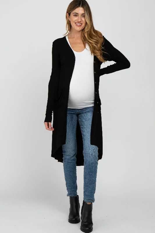 cardigan with oversized buttons -cardigan with oversized buttons -Black Button Front Knit Maternity Cardigan