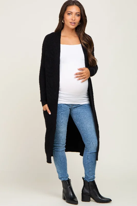 cardigan for stylish layering -cardigan for stylish layering -Black Open Front Long Maternity Cardigan