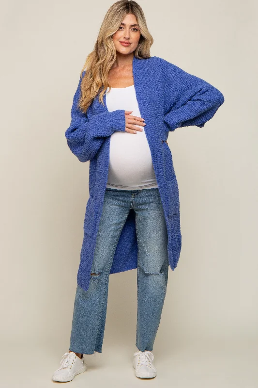 cardigan with crisscross front -cardigan with crisscross front -Blue Chunky Waffle Knit Maternity Cardigan